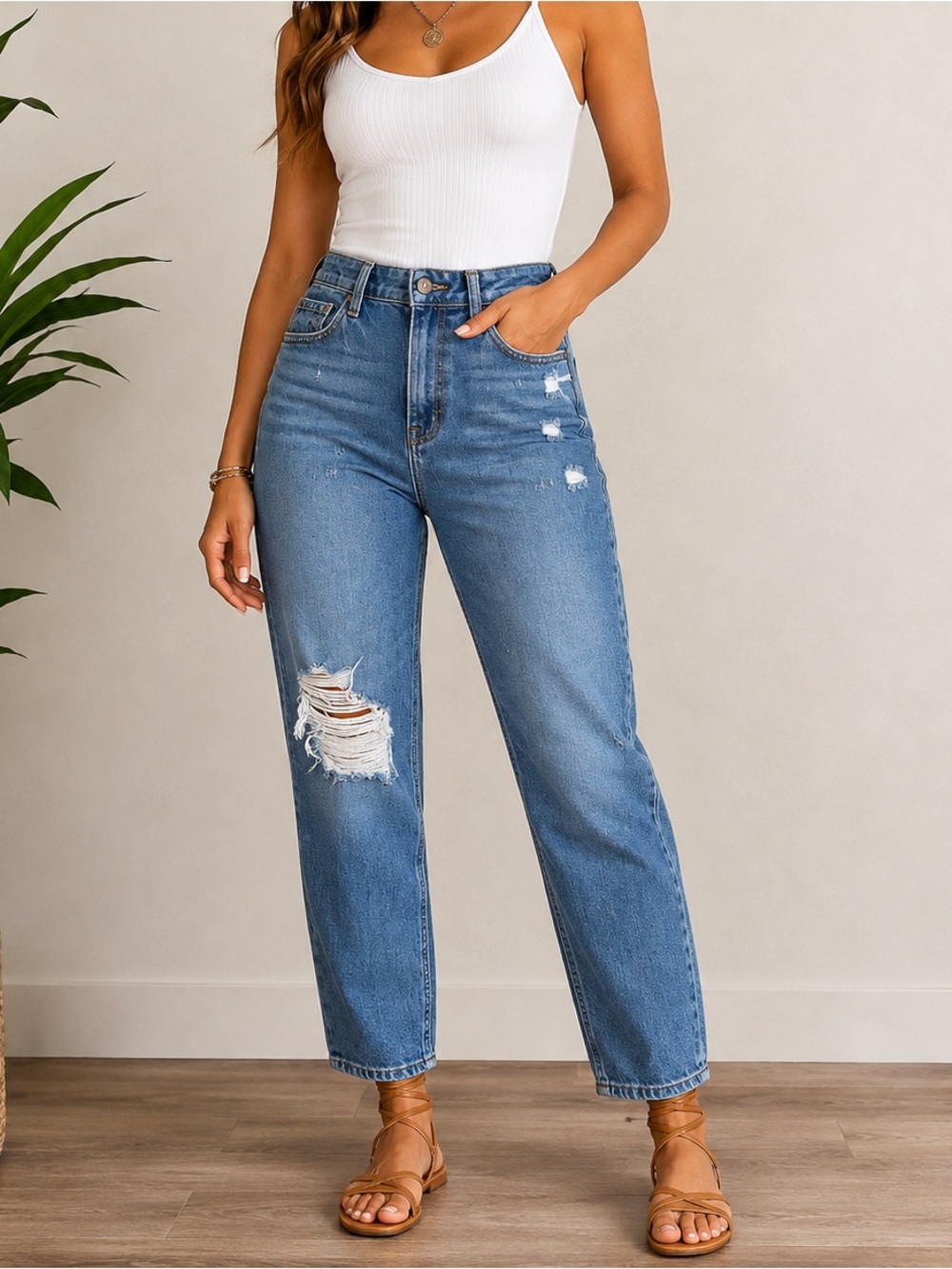 HIDDEN High Rise Distressed Boyfriend Jeans in Medium Blue - Classic Casual